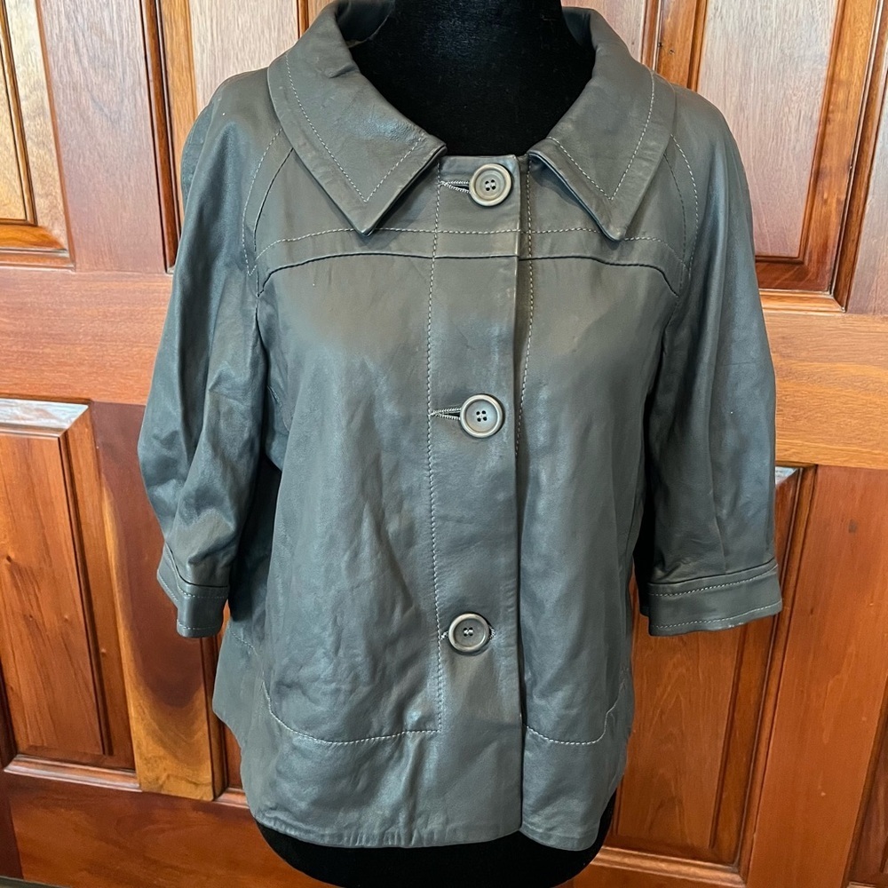 Theory Joli L Bolero Style Leather Jacket Sz L Women’s Dark Gray Made In Italy